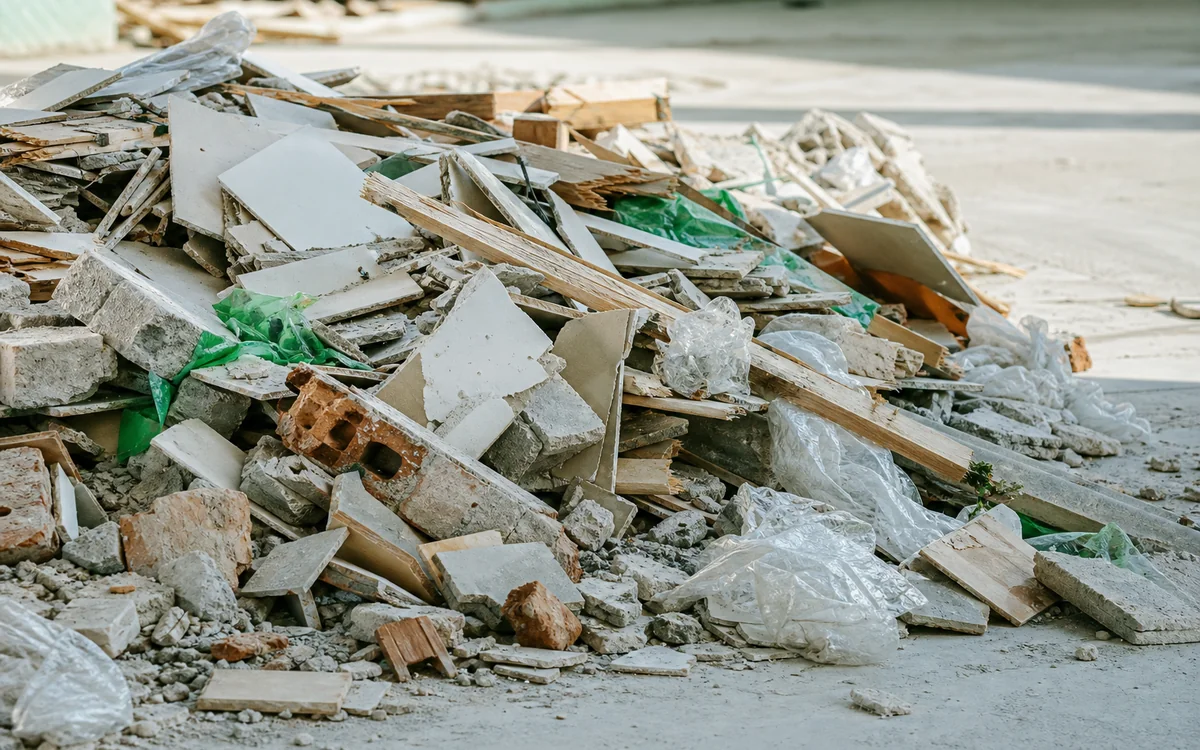Construction waste and building debris on an active job site